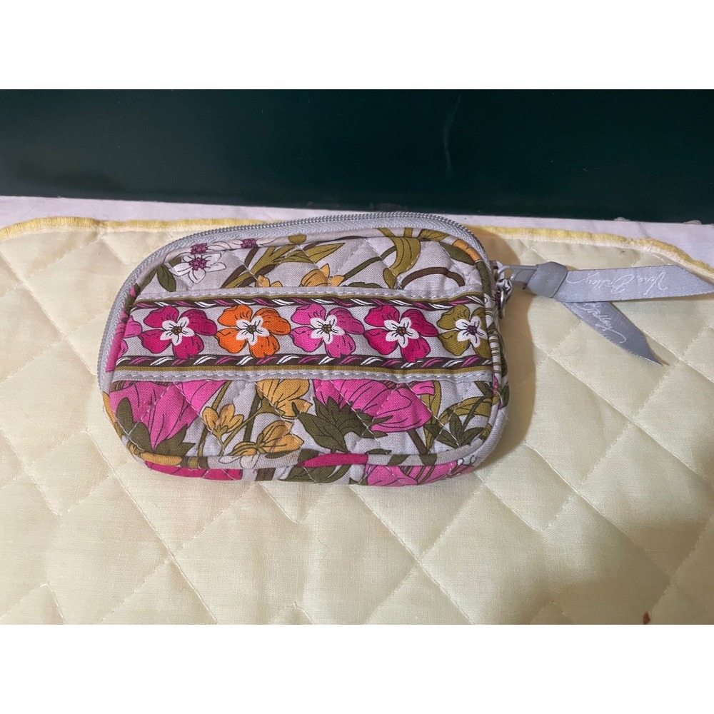 Vera Bradley Tea Garden Zip Coin Purse Card Holder Wallet Gray Pink
